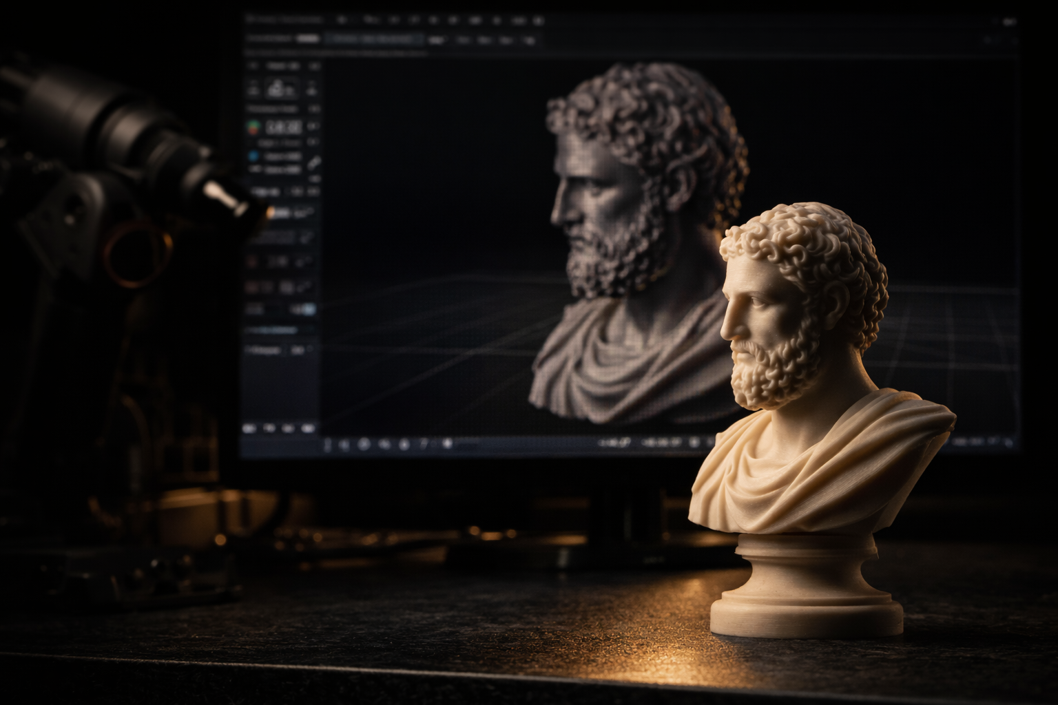 Bust of a classical figure in front of a computer screen displaying 3D modeling software.