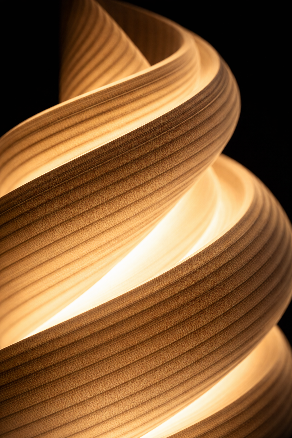 Close-up of a wooden lamp with concentric circles and warm glow on a black background