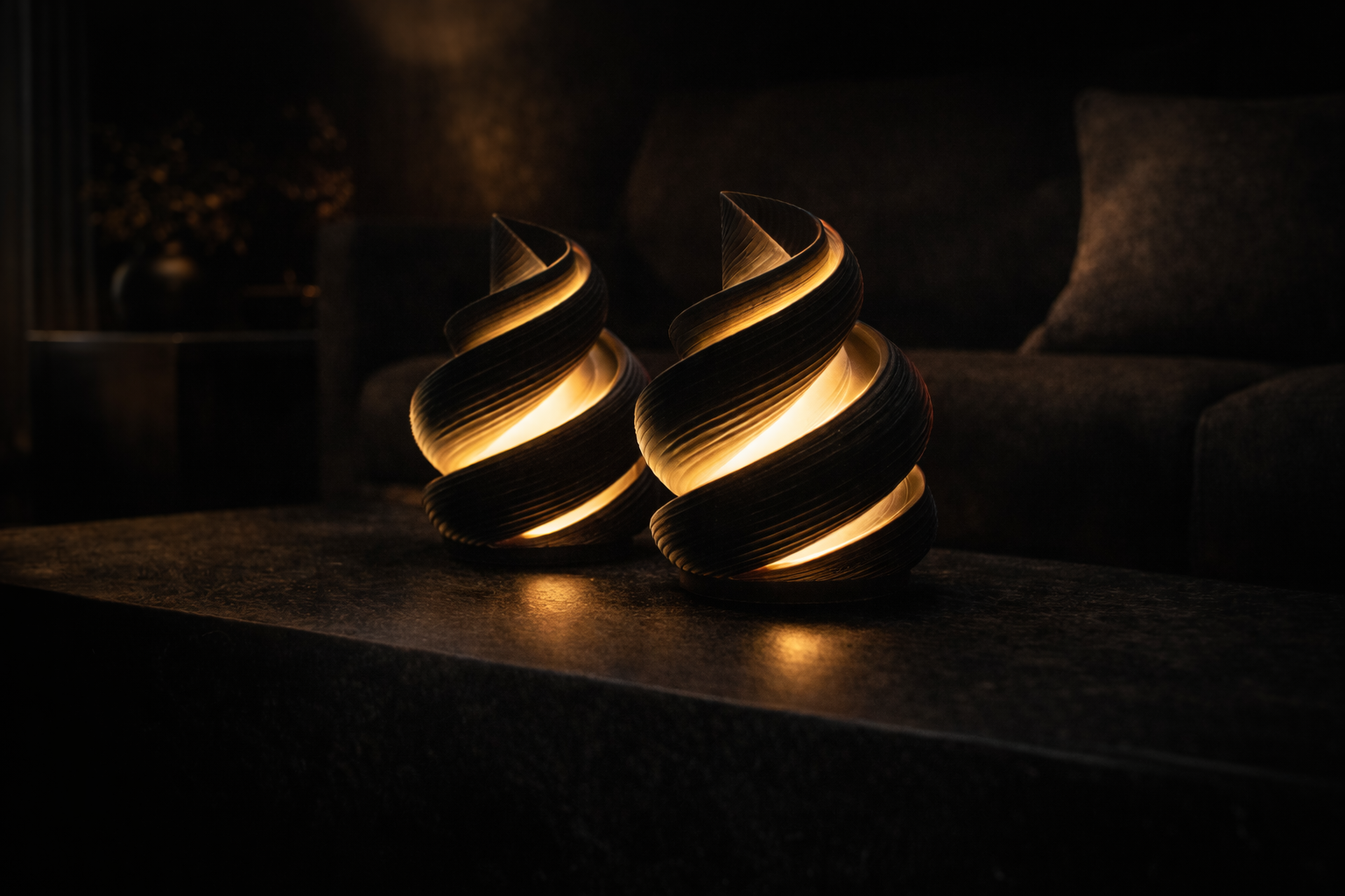 Twisted wooden lamp on a dark surface with a warm glow