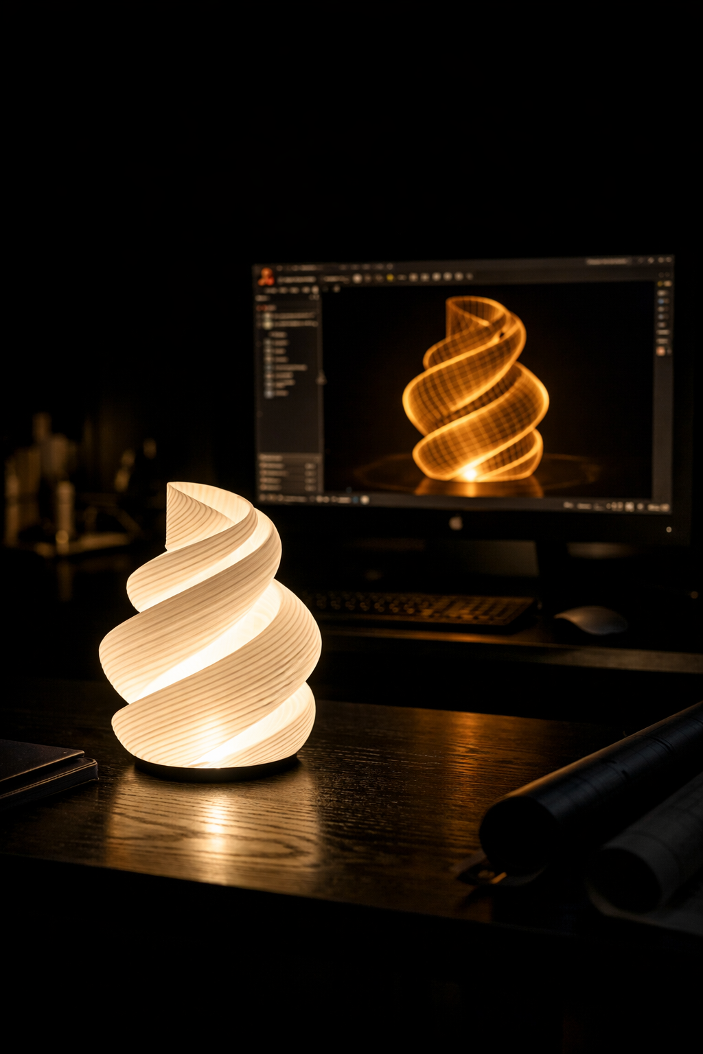 Twisted lamp on a desk with a computer screen displaying 3D model in the background
