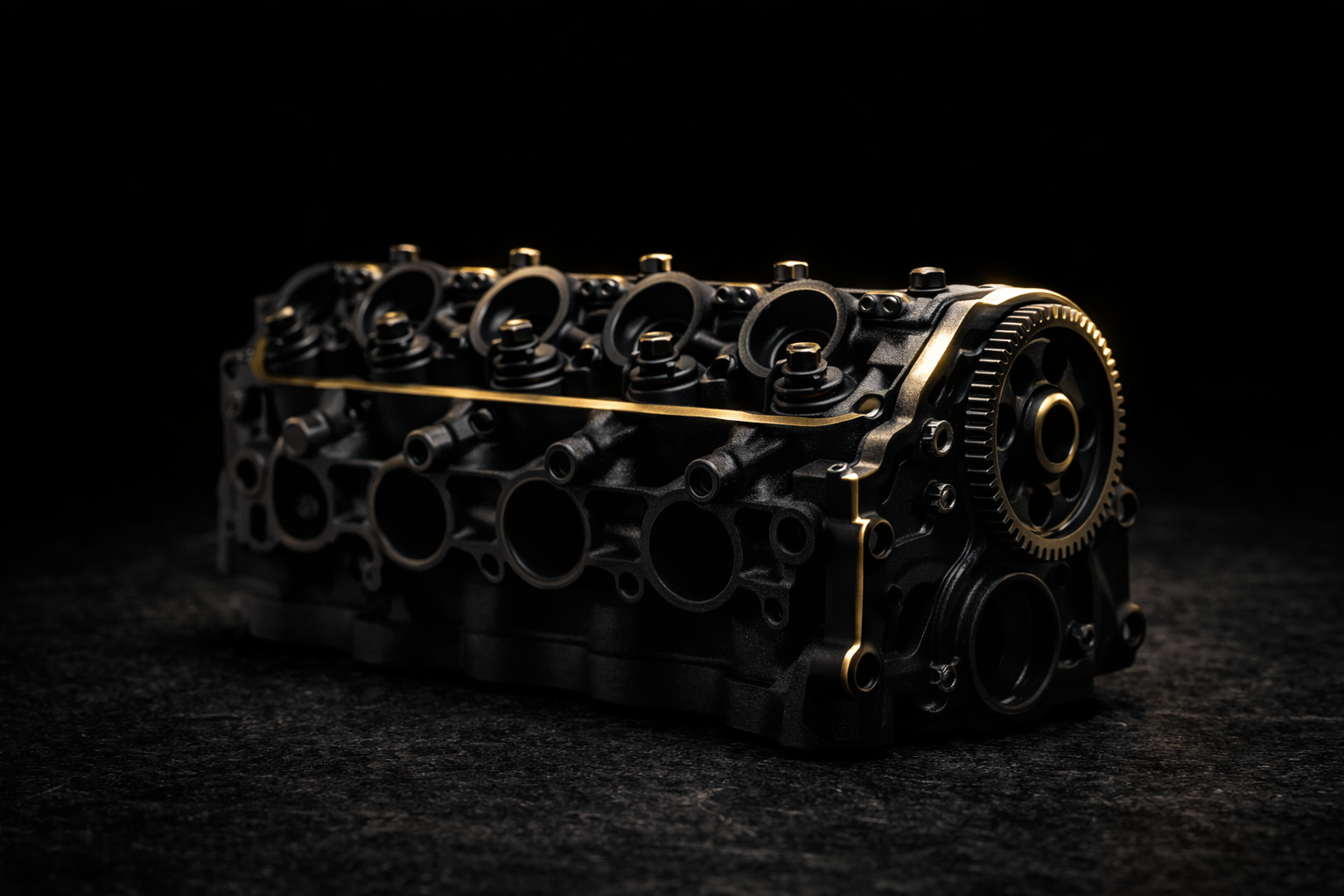 Engine block with gold accents on a dark background