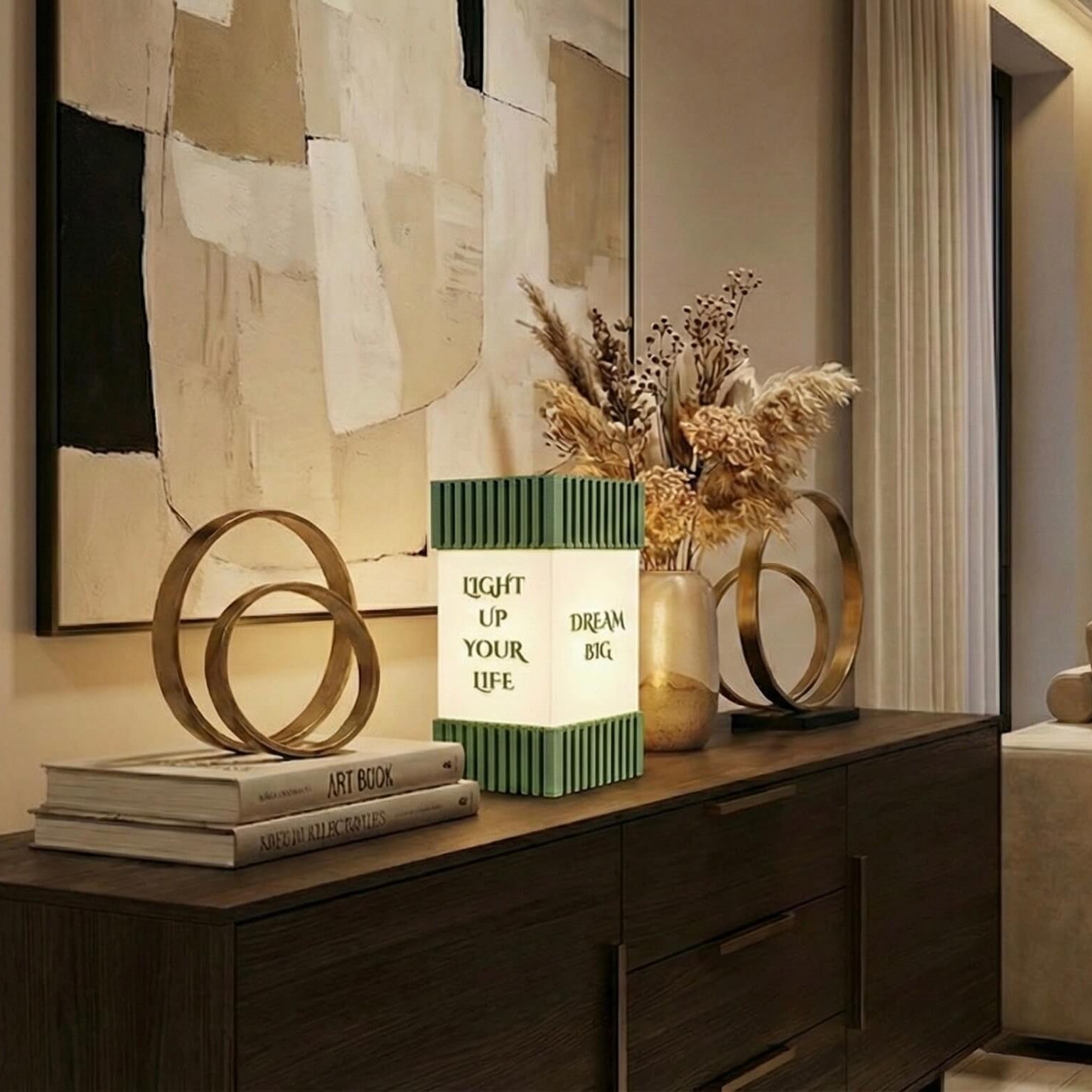 Modern living room with a decorative lamp, abstract art, and a cityscape view.