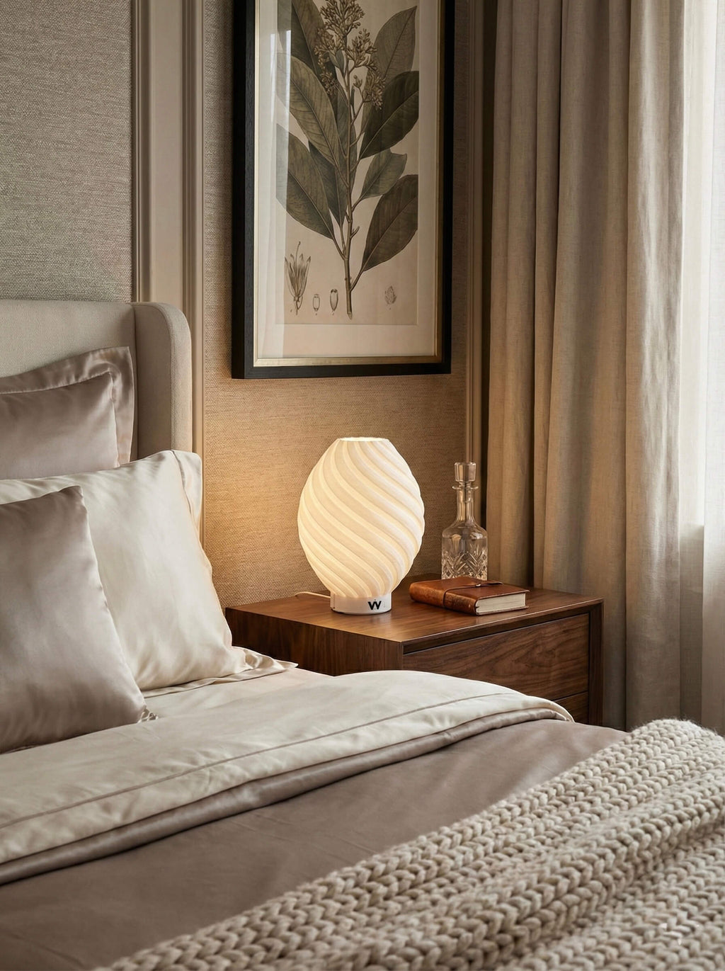 LumiSpiral 3D printed spiral bedside lamp with warm ambient light, designed and made in New Zealand