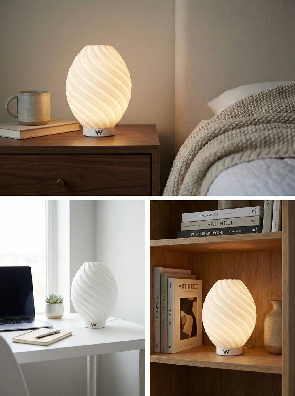 Minimalist spiral desk lamp providing soft mood lighting for a modern workspace