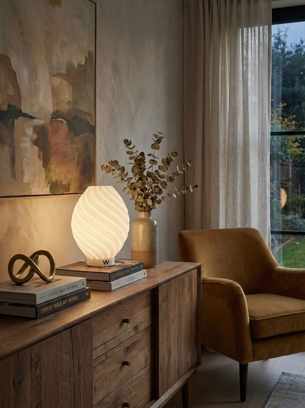 Contemporary spiral lamp used as ambient lighting in a modern living room